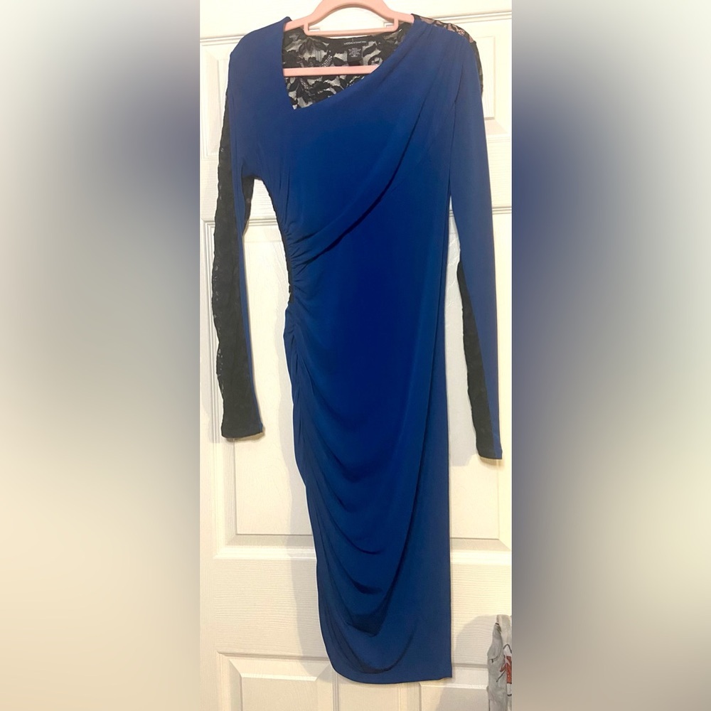 Moda international, Black & Blue Dress With Lace Back Detail, Long Sleeve, Sz M